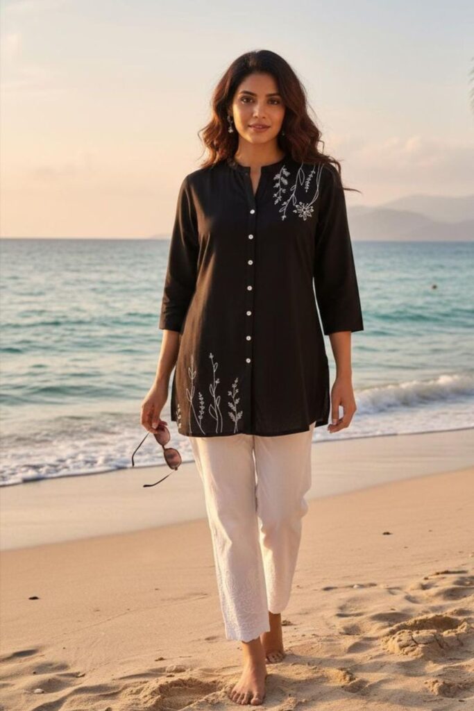 A petite woman wearing a embroidered tunic with slim fit capris