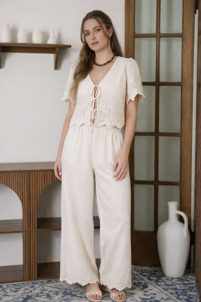 A petite woman wearing a eyelet blouse with cotton culottes