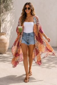 A petite woman wearing a floral kimono with denim shorts