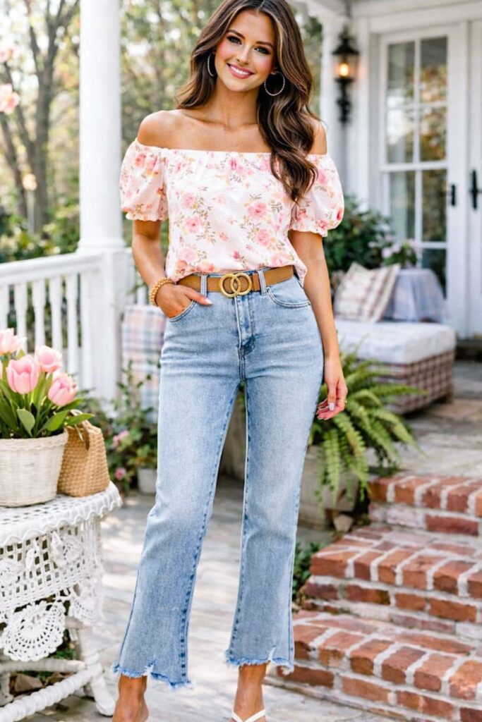 A petite woman wearing a off-the-shoulder top with cropped flare pants