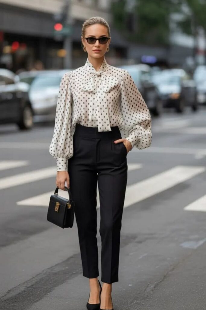 petite woman wearing a puff sleeve blouse with cigarette pants