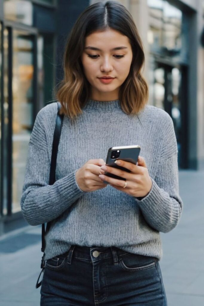 A Petite Woman Looking At Her Phone
