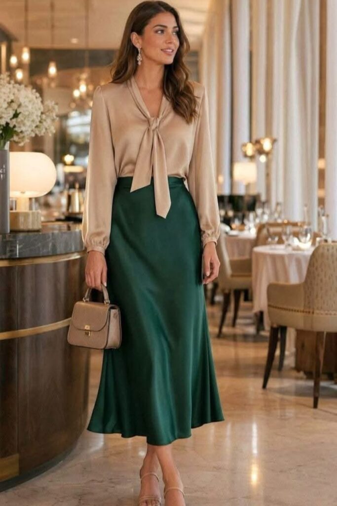 A Petite Woman Wearing A A Satin Blouse With a Midi A-Line Skirt