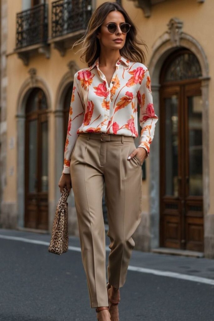 A Petite Woman Wearing A Ankle-Length Cigarette Pants With a Printed Blouse