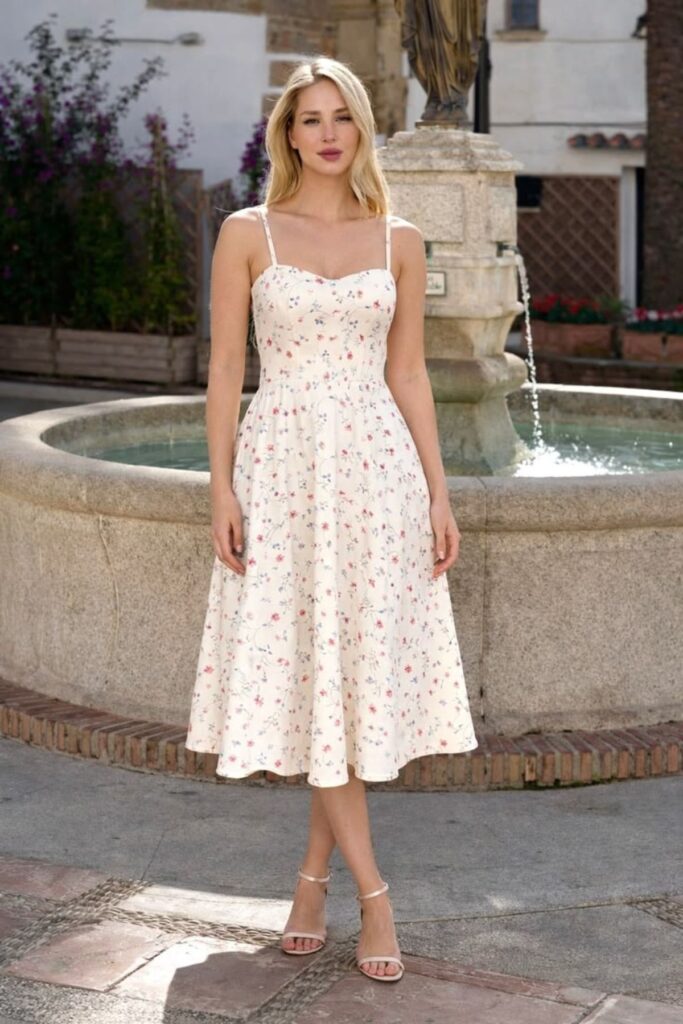 A Petite Woman Wearing A Beautiful Midi Dress And Shoes