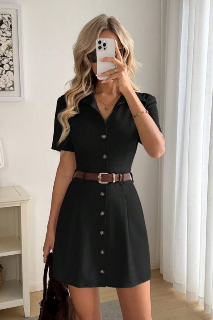 A Petite Woman Wearing A Black Belted Shirt Dress