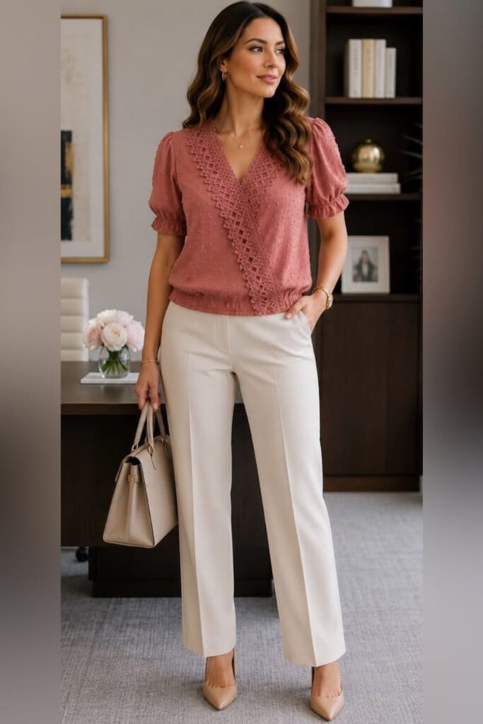A Petite Woman Wearing A Blouse With Cropped Bootcut Trousers