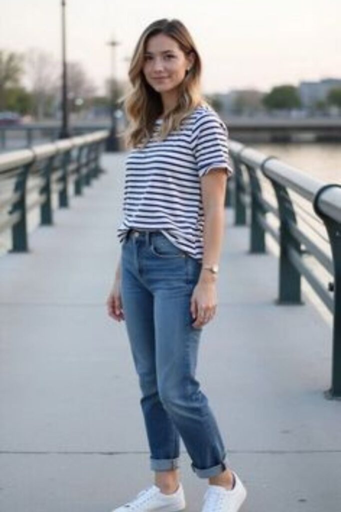 A Petite Woman Wearing A Blue Skinny Jeans With a Striped Tee and White Sneakers