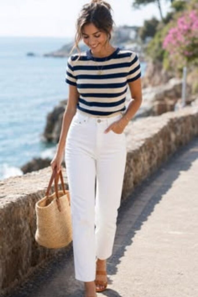 A Petite Woman Wearing A Boat Neck Top With Slim Fit Chinos