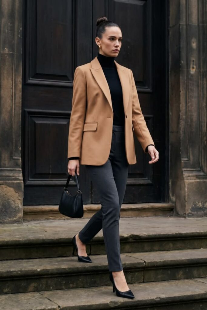 A Petite Woman Wearing A Camel Blazer Over a Black Turtleneck