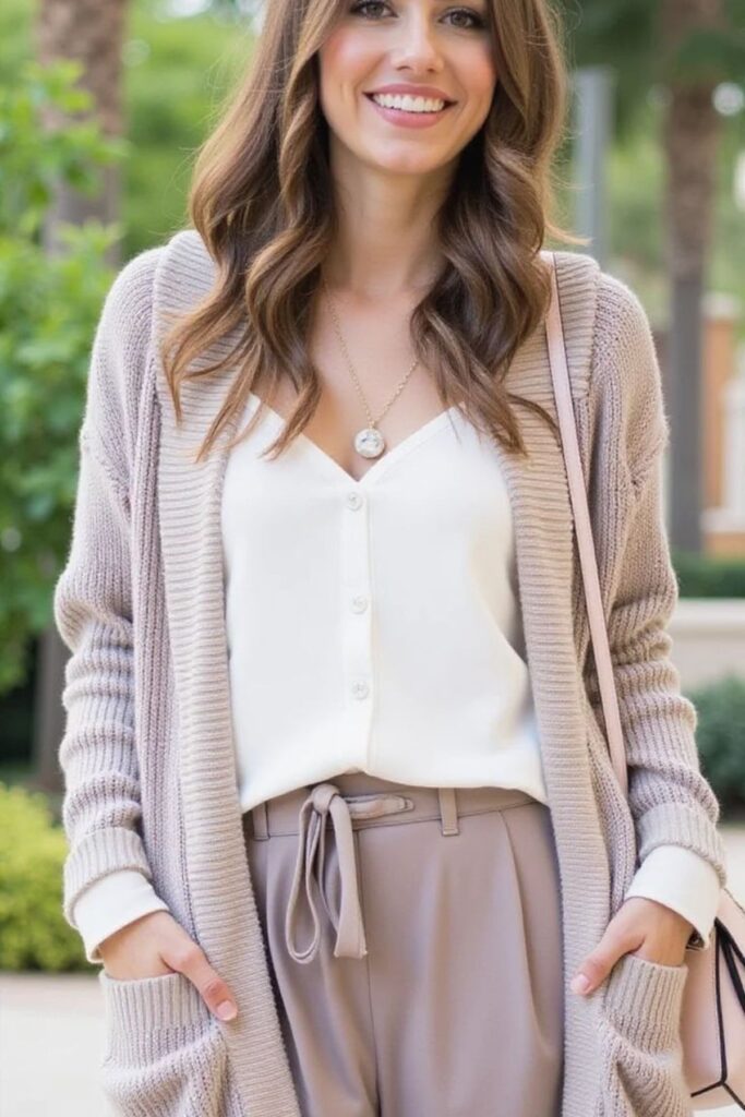 A Petite Woman Wearing A Cardigan Set With Slim Pencil Pants