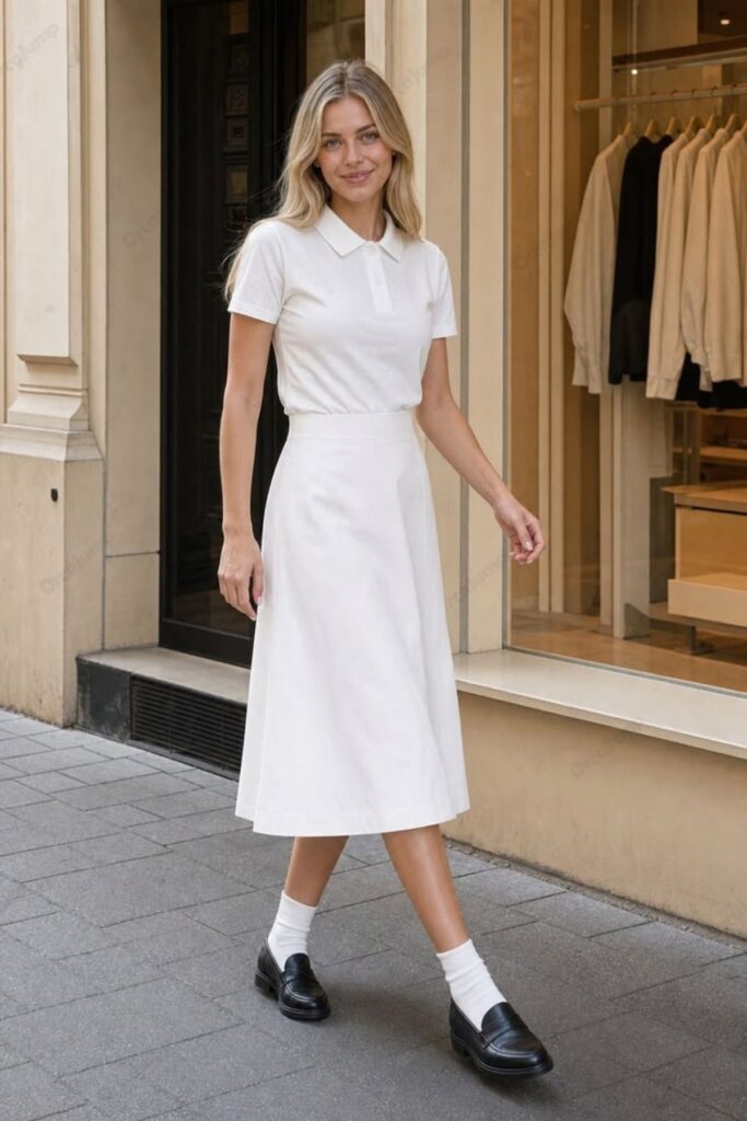 A Petite Woman Wearing A Classic White Blouse With A-Line Midi Skirt