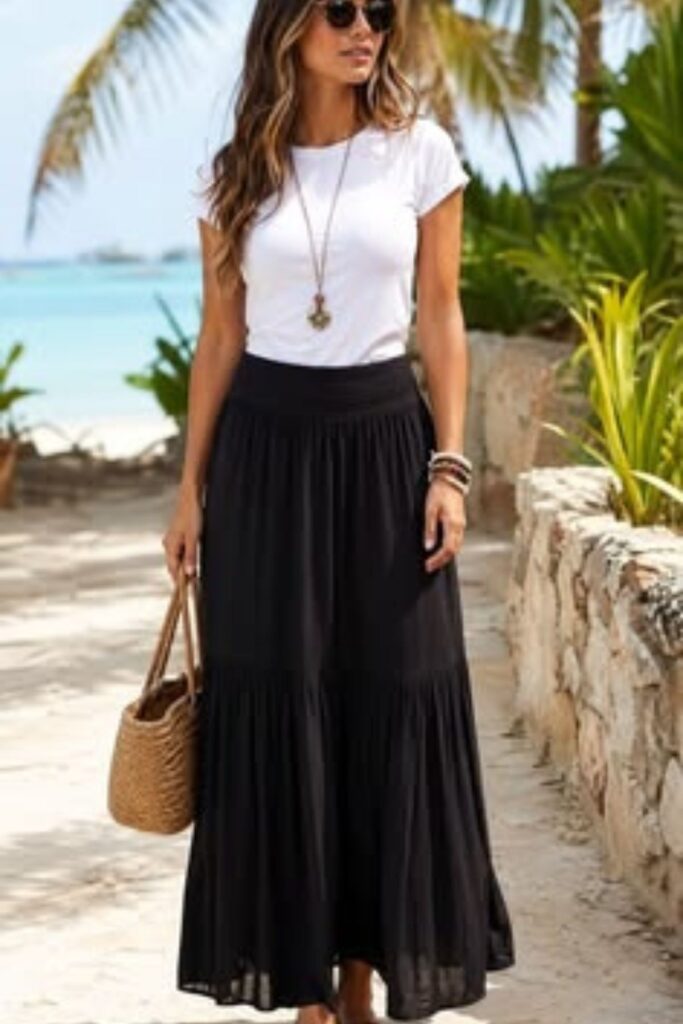 A Petite Woman Wearing A Cotton Maxi Skirt With A Fitted Tee