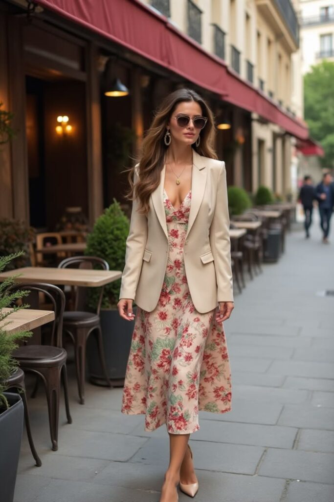A Petite Woman Wearing A Cream Blazer With a Floral Maxi Dress