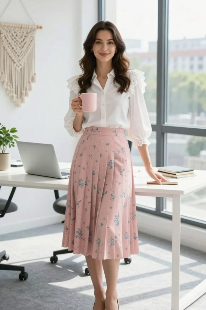 A Petite Woman Wearing A Crisp White Shirt With A Printed Midi Skirt