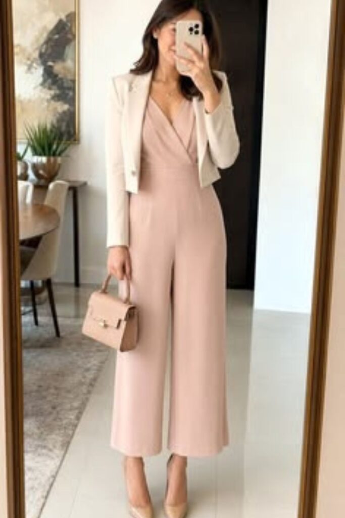 A Petite Woman Wearing A Cropped Blazer With A Jumpsuit