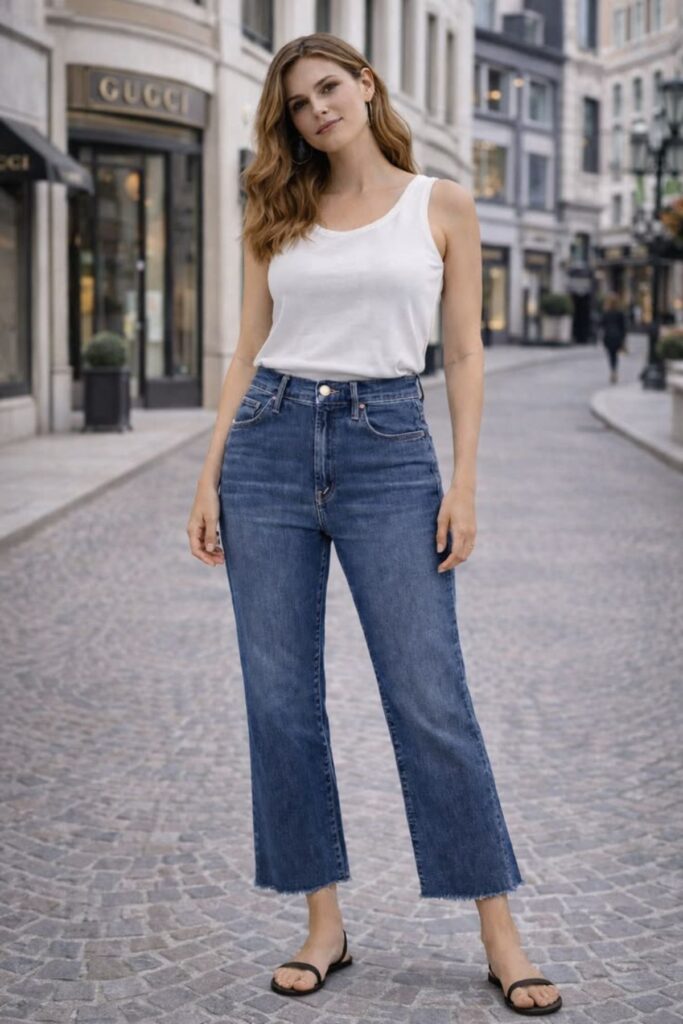 A Petite Woman Wearing A Cropped Flare Jeans
