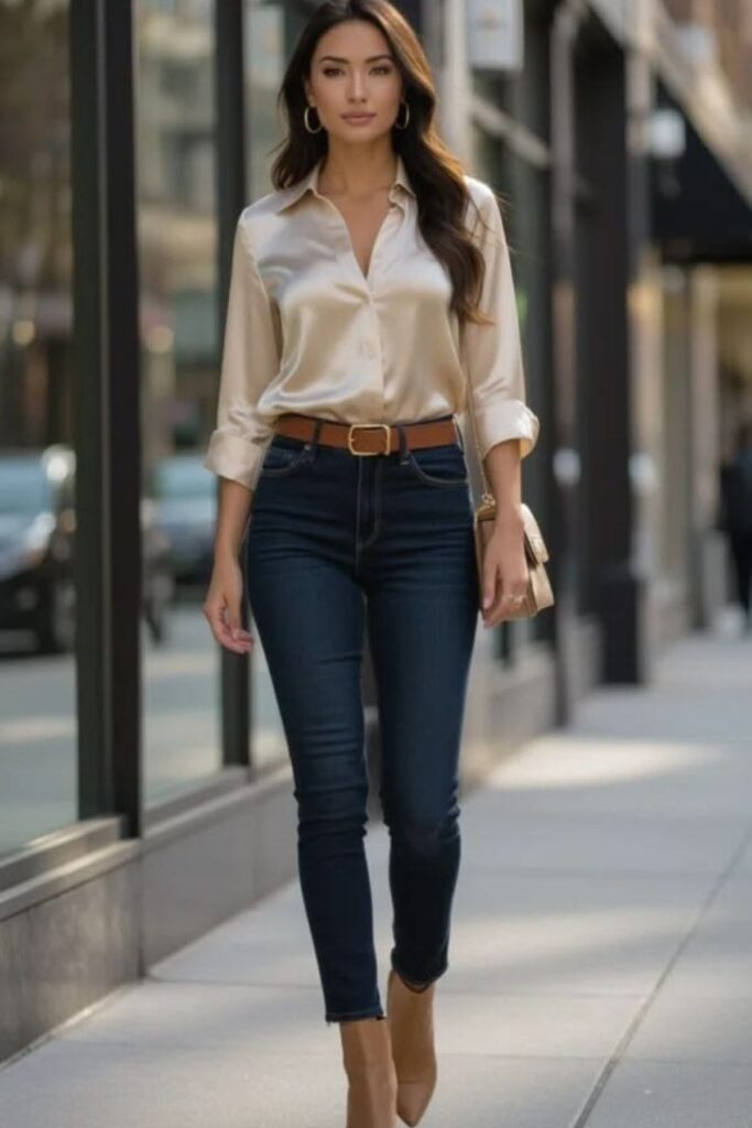 A Petite Woman Wearing A Dark Skinny Jeans With a Satin Blouse
