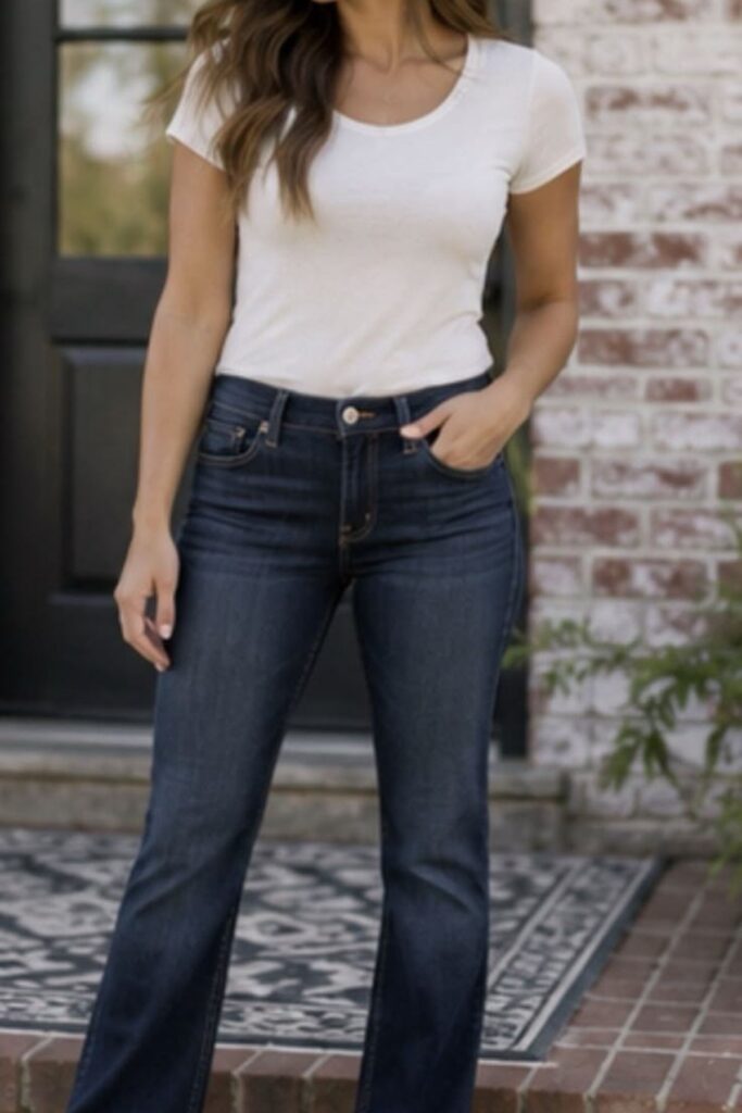 A Petite Woman Wearing A Dark Wash Jeans