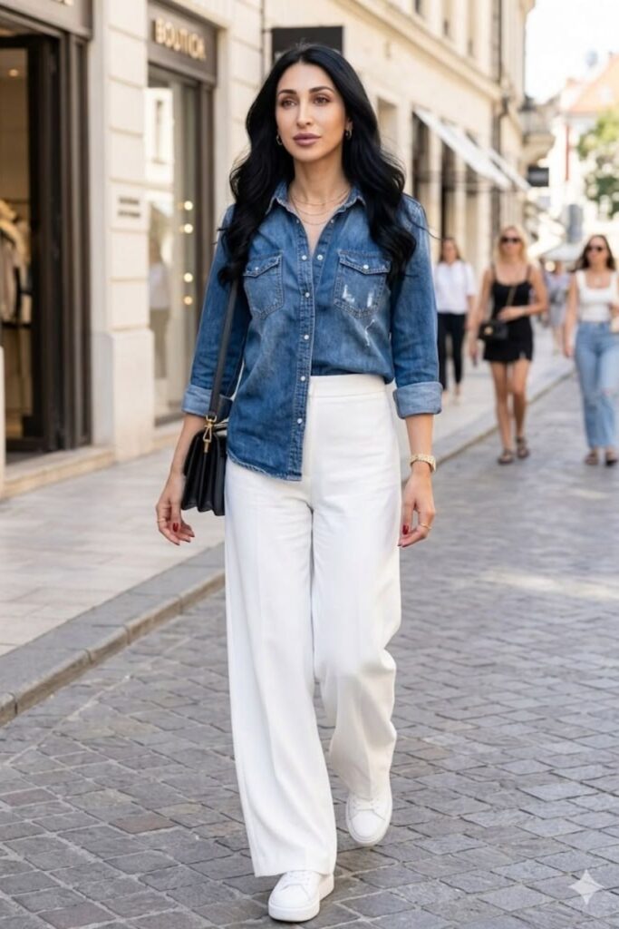 A Petite Woman Wearing A Denim Shirt With White Jeans