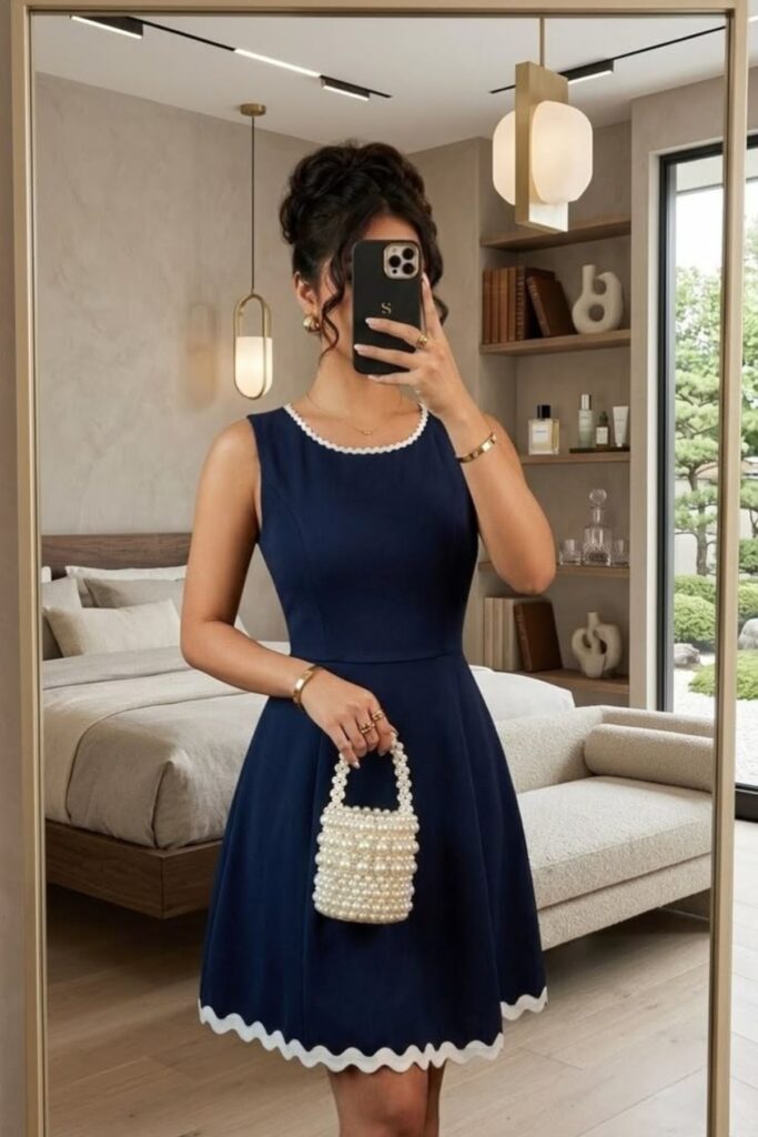 A Petite Woman Wearing A Dress With A Scoop Neckline