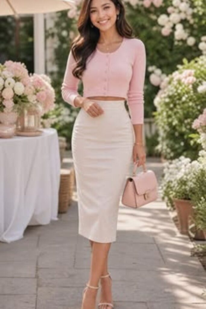 A Petite Woman Wearing A Fitted Cardigan With A Pencil Midi Skirt