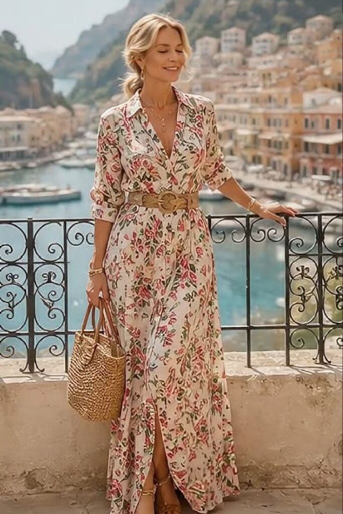 A Petite Woman Wearing A Floral Maxi Dress