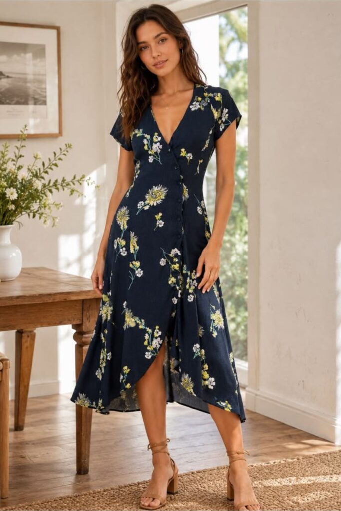 A Petite Woman Wearing A Floral Wrap Midi Dress