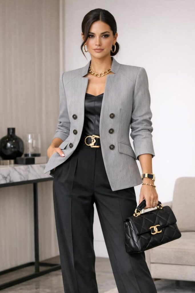 A Petite Woman Wearing A Gray Blazer With Black Wide Leg Jeans