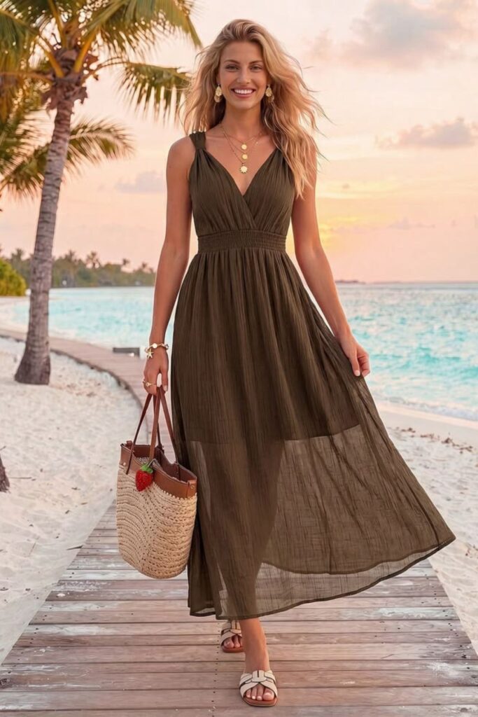 A Petite Woman Wearing A High-Waisted Maxi Dress
