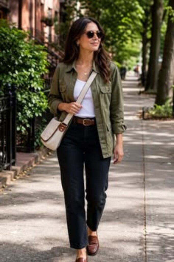 A Petite Woman Wearing A Lightweight Utility Shirt With Slim Jeans