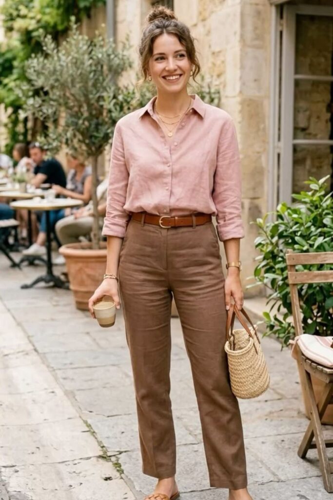A Petite Woman Wearing A Linen Button Down Shirt With Cropped Trousers