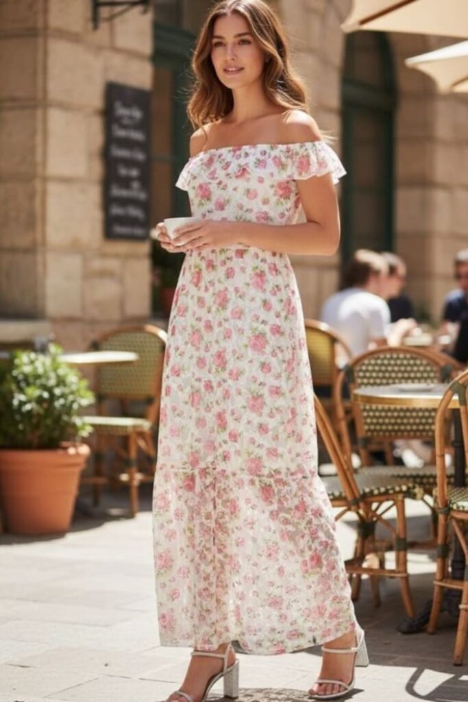 A Petite Woman Wearing A Off-the-Shoulder Maxi Dress