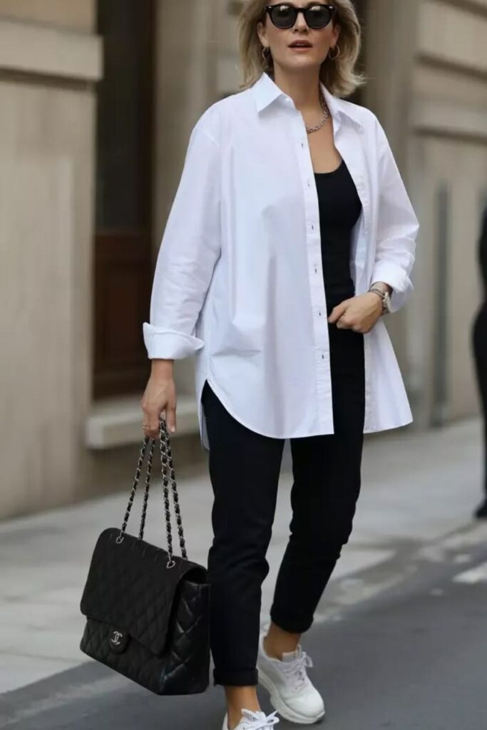 A Petite Woman Wearing A Oversized Shirt With A Fitted Pant