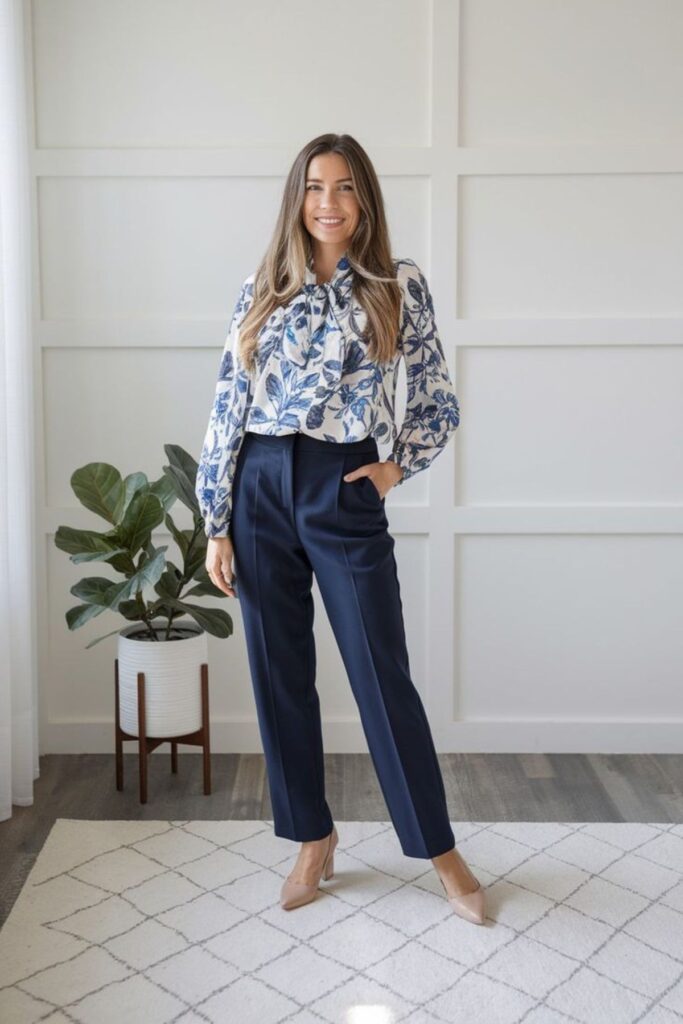 A Petite Woman Wearing A Printed Blouse With Navy Slim Fit Pants