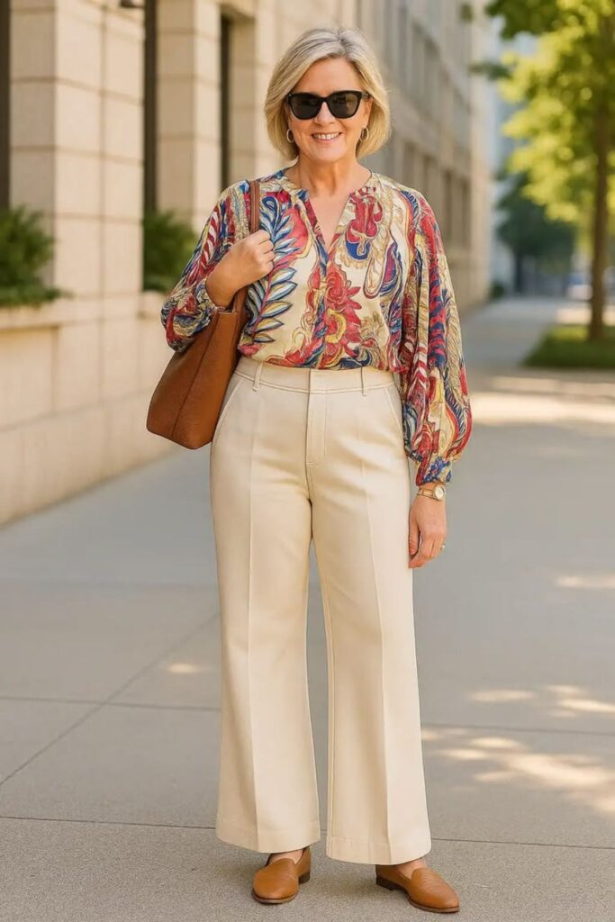 A Petite Woman Wearing A Printed Blouse With Neutral Wide Leg Pants