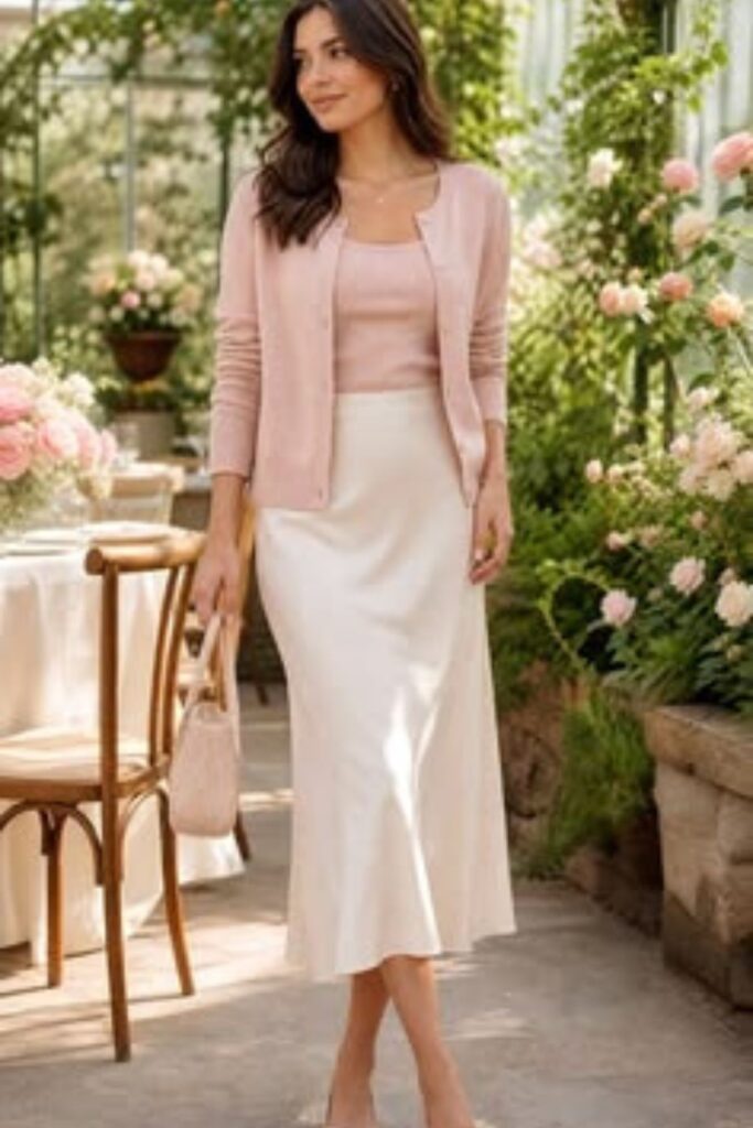 A Petite Woman Wearing A Satin Cami With A Lightweight Cardigan