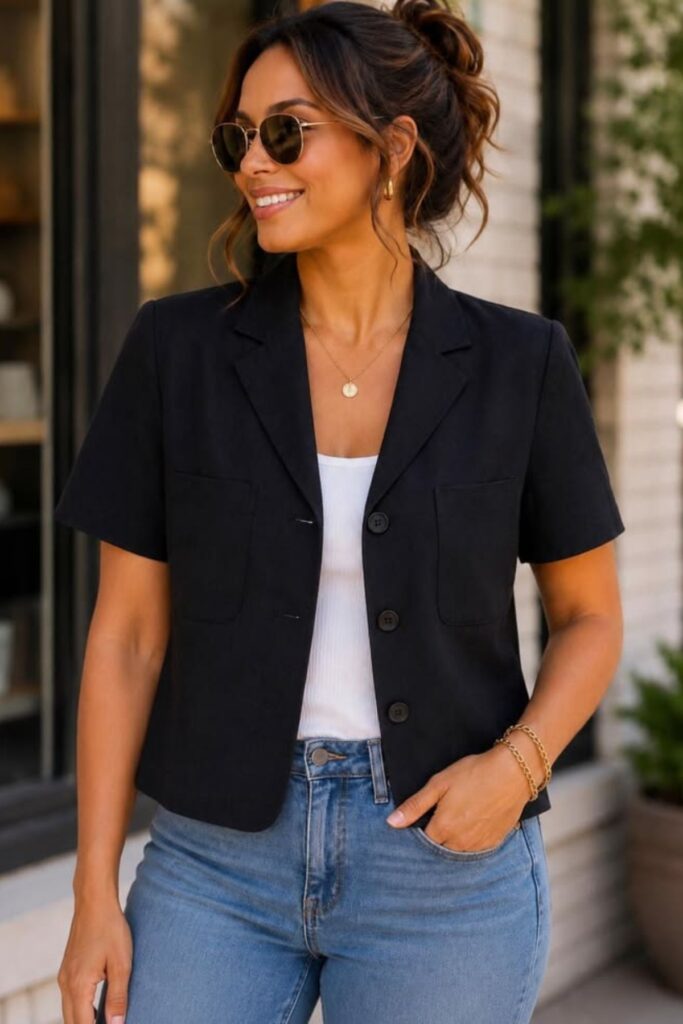 a petite woman wearing a blazer
