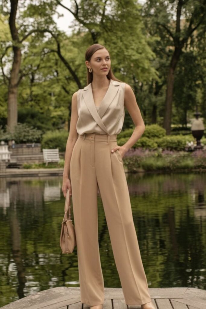 A Petite Woman Wearing A Silk Shell Top With Cropped Cigarette Pants