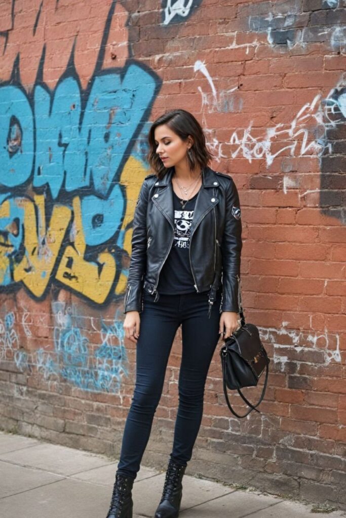 A Petite Woman Wearing A Skinny Jeans With Graphic Tee and Leather Jacket Combination