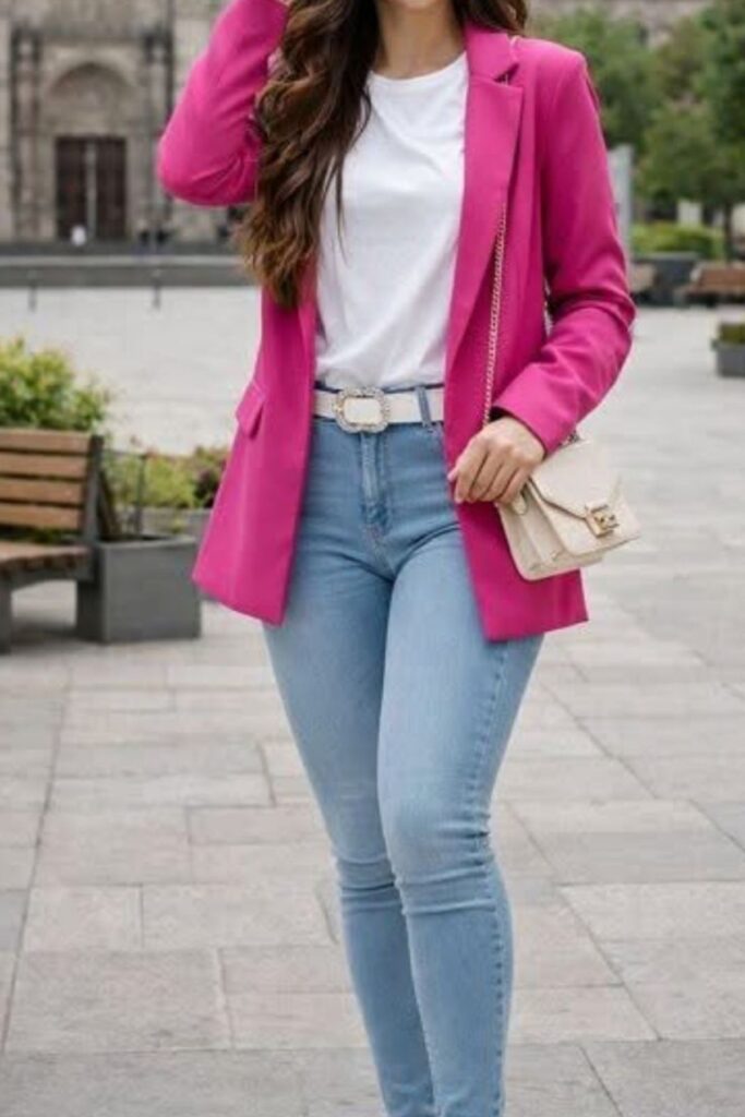 A Petite Woman Wearing A Skinny Jeans With a Brightly Colored Blazer