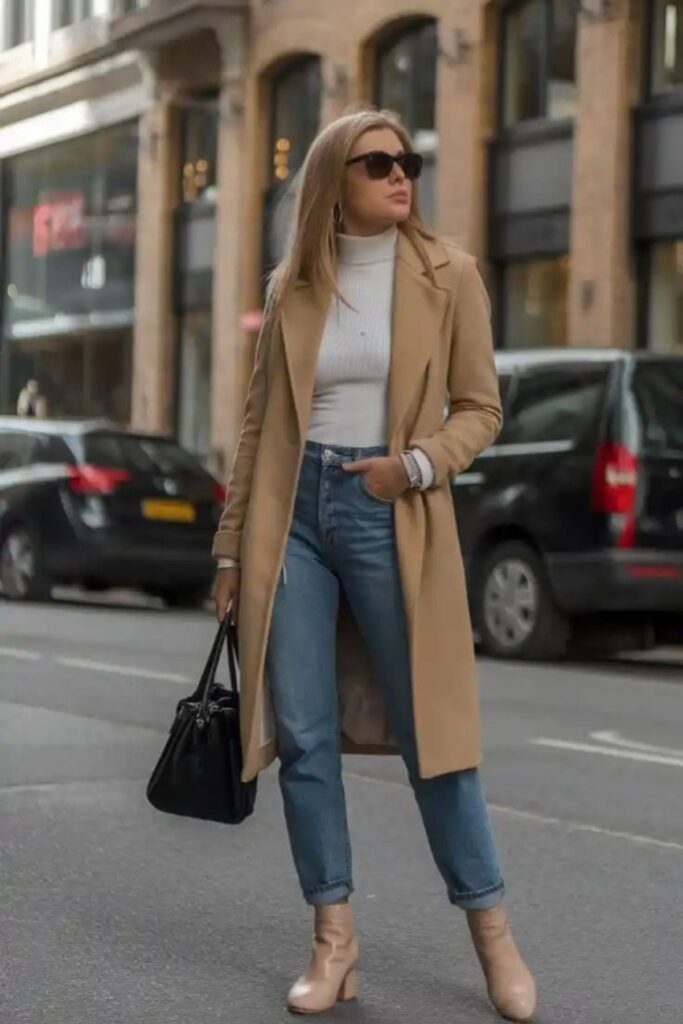 A Petite Woman Wearing A Skinny Jeans With a Classic Trench Coat