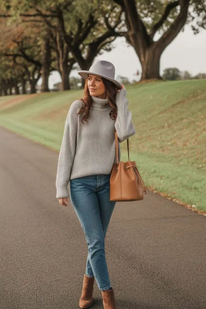 A Petite Woman Wearing A Skinny Jeans With a Cozy Cardigan and Ankle Boots