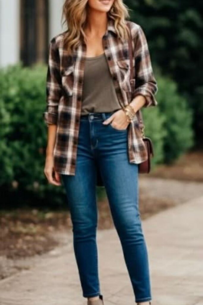 A Petite Woman Wearing A Skinny Jeans With a Cozy Flannel Shirt