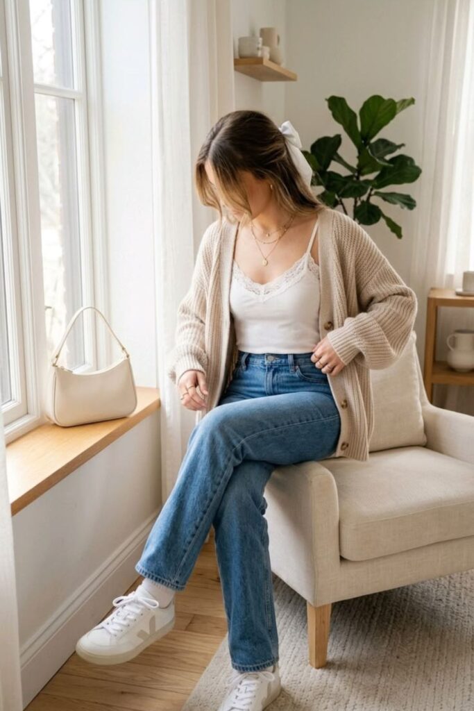 A Petite Woman Wearing A Skinny Jeans With a Lightweight Cardigan
