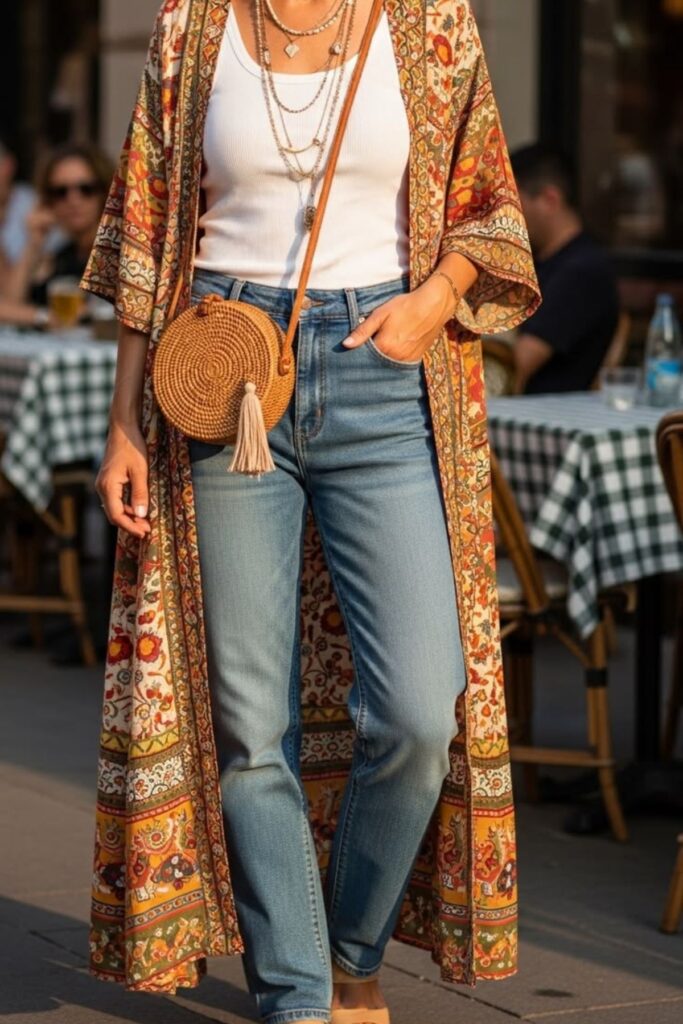 A Petite Woman Wearing A Skinny Jeans With a Simple Tank and Kimono