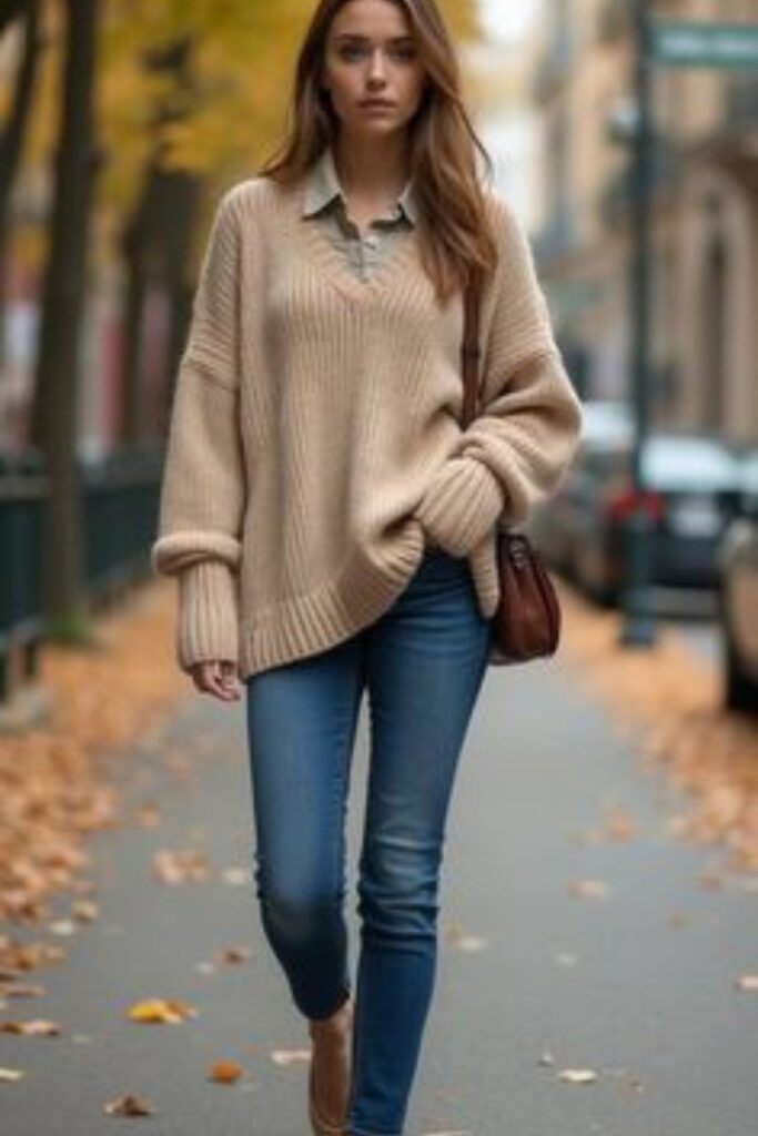 A Petite Woman Wearing A Skinny Jeans With a Soft Knit Sweater and Ballet Flats
