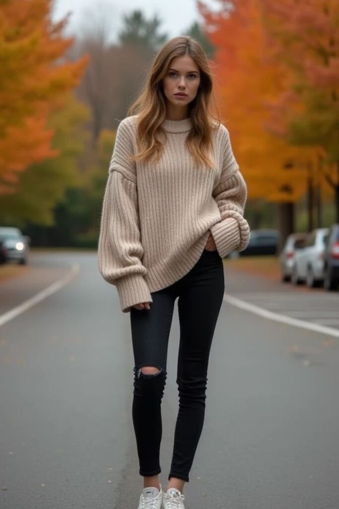 A Petite Woman Wearing A Skinny Jeans With an Oversized Sweater