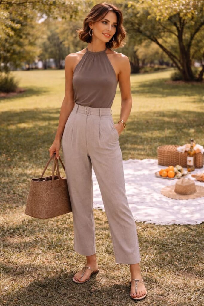 A Petite Woman Wearing A Sleeveless Mock Neck Top With High-Waisted Trousers 