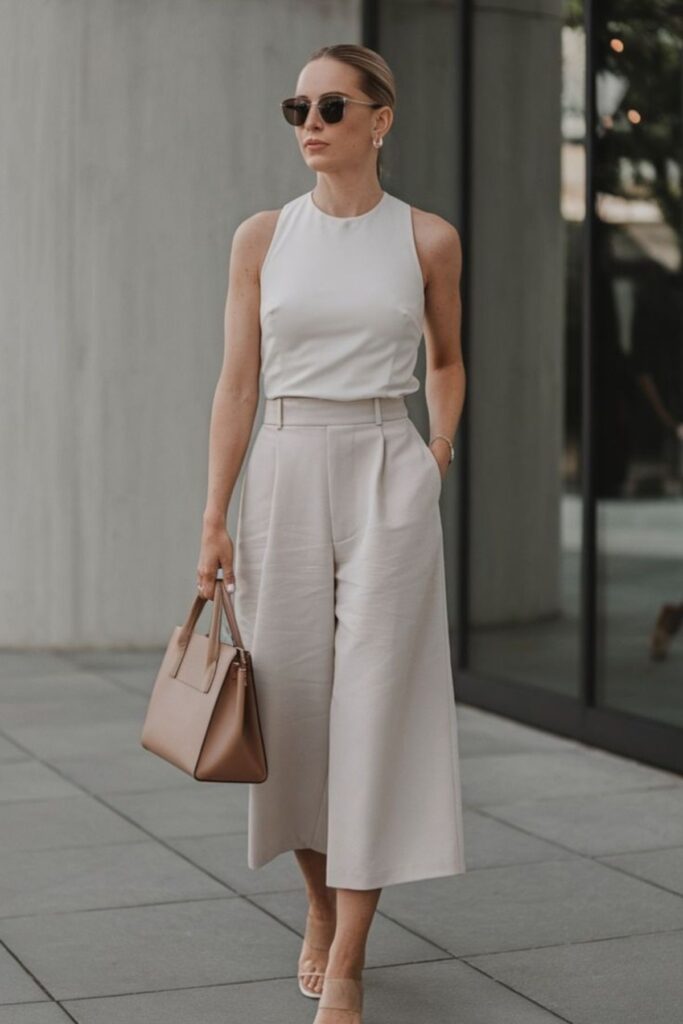 A Petite Woman Wearing A Sleeveless Mock Neck Top With Linen Pants